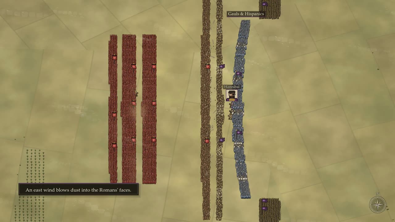 Pixel-art Roman and Carthaginian lines facing each other across a dry plain at Cannae